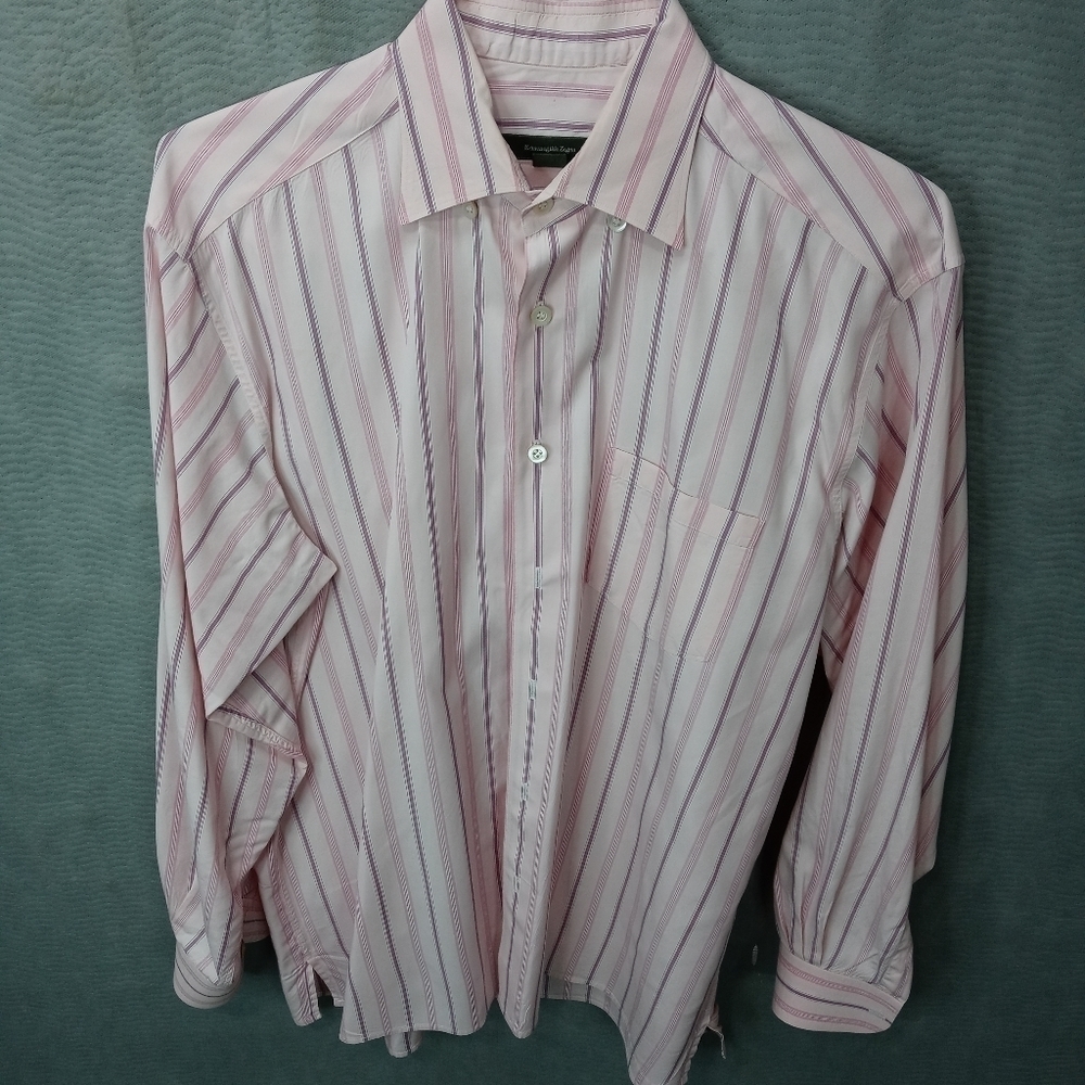 Ermenegildo Zegna Mens white pink stripe L/S Dress Button Shirt Sz Large L. M25p
